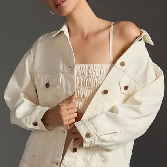 Anthropologie Pilcro Western Denim Boyfriend Jacket - Cream, Size L - Picture 2 of 8